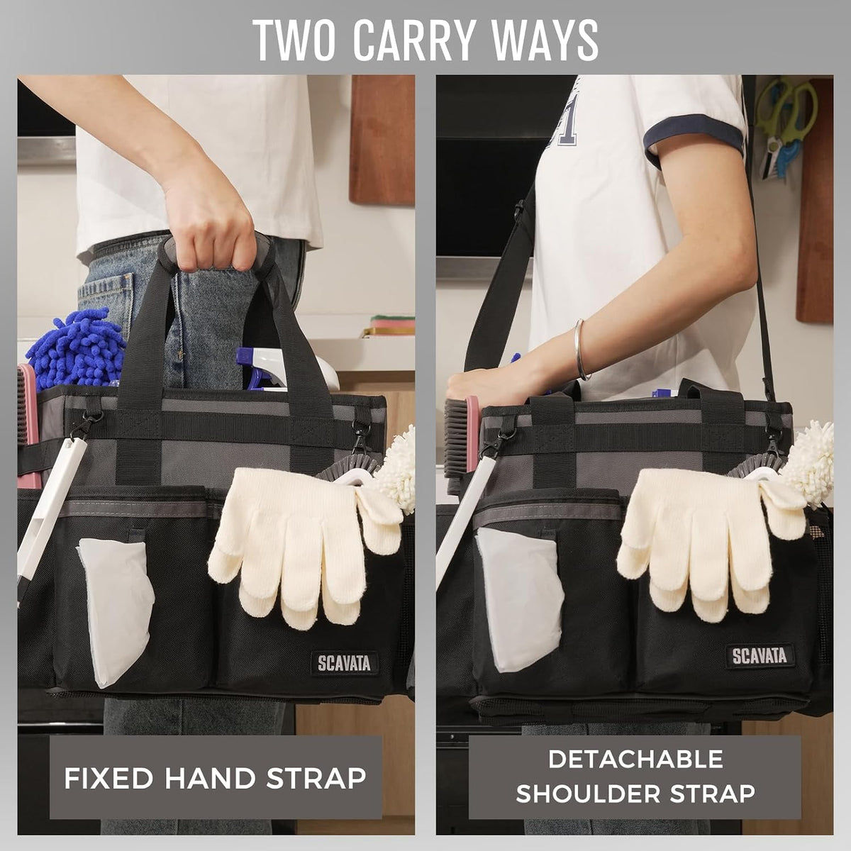 SCAVATA Compact Wearable Cleaning Caddy, Small Supplies Organizer with Handle & Shoulder Straps for Housekeepers, Under Sink & Car Cleaning Tool Organizer Bag (Black)