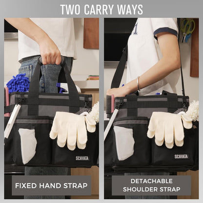 SCAVATA Compact Wearable Cleaning Caddy, Small Supplies Organizer with Handle & Shoulder Straps for Housekeepers, Under Sink & Car Cleaning Tool Organizer Bag (Black)