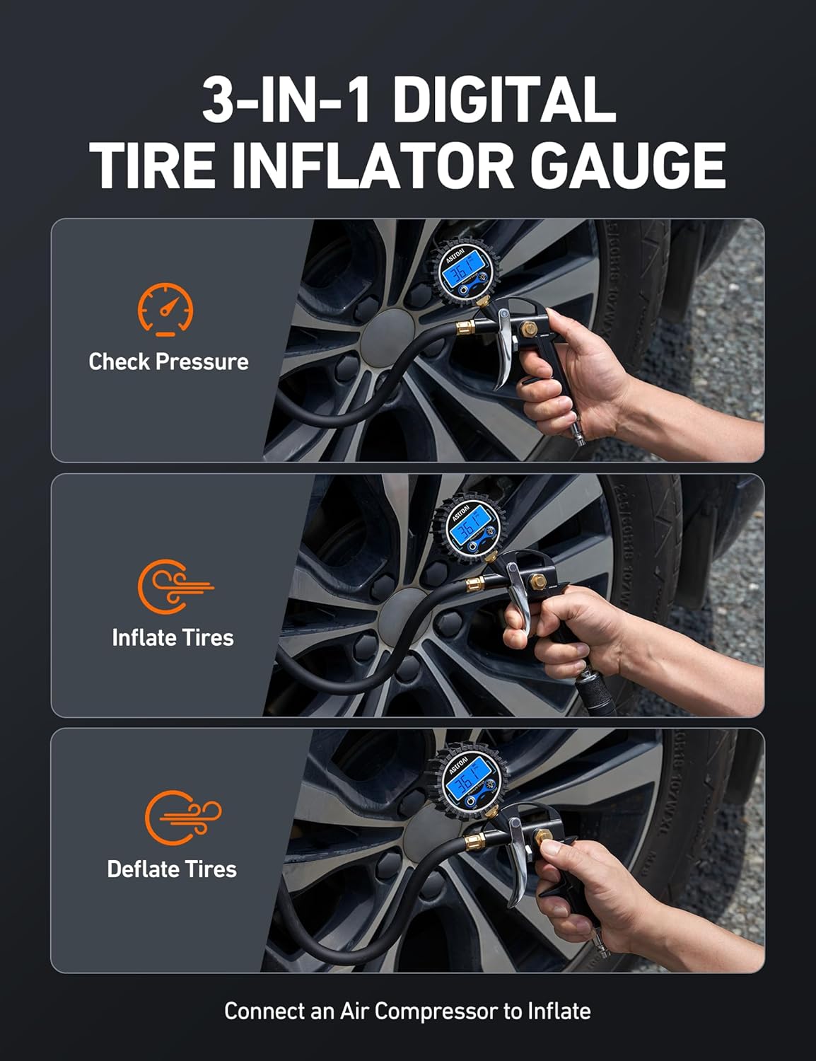 AstroAI Digital Tire Pressure Gauge with Inflator, 3-250 PSI Air Chuck & Compressor Accessories Heavy Duty with Quick Connect Coupler, 0.1 Display Resolution, 1Pack Standard