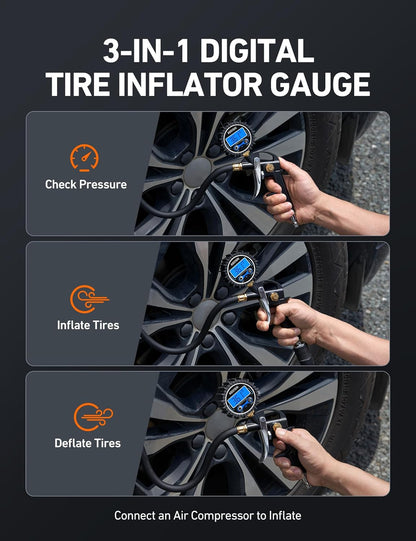 AstroAI Digital Tire Pressure Gauge with Inflator, 3-250 PSI Air Chuck & Compressor Accessories Heavy Duty with Quick Connect Coupler, 0.1 Display Resolution, 1Pack Standard