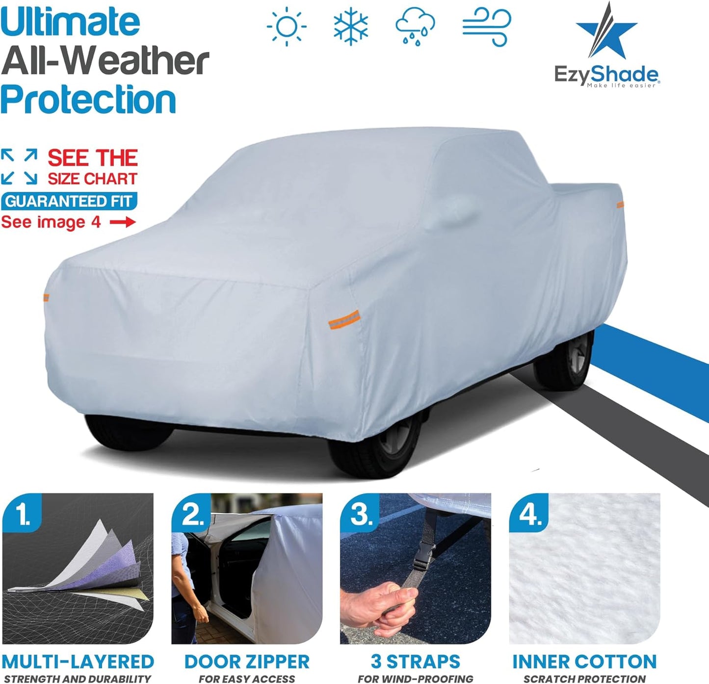 EzyShade 10-Layer Car Cover Waterproof All Weather - See Vehicle Size-Chart - Car Covers for Automobiles & Car Snow Cover - Full Exterior Covers - Winter Rain Sun SUV Sedan. Size A4 (See SizeChart)