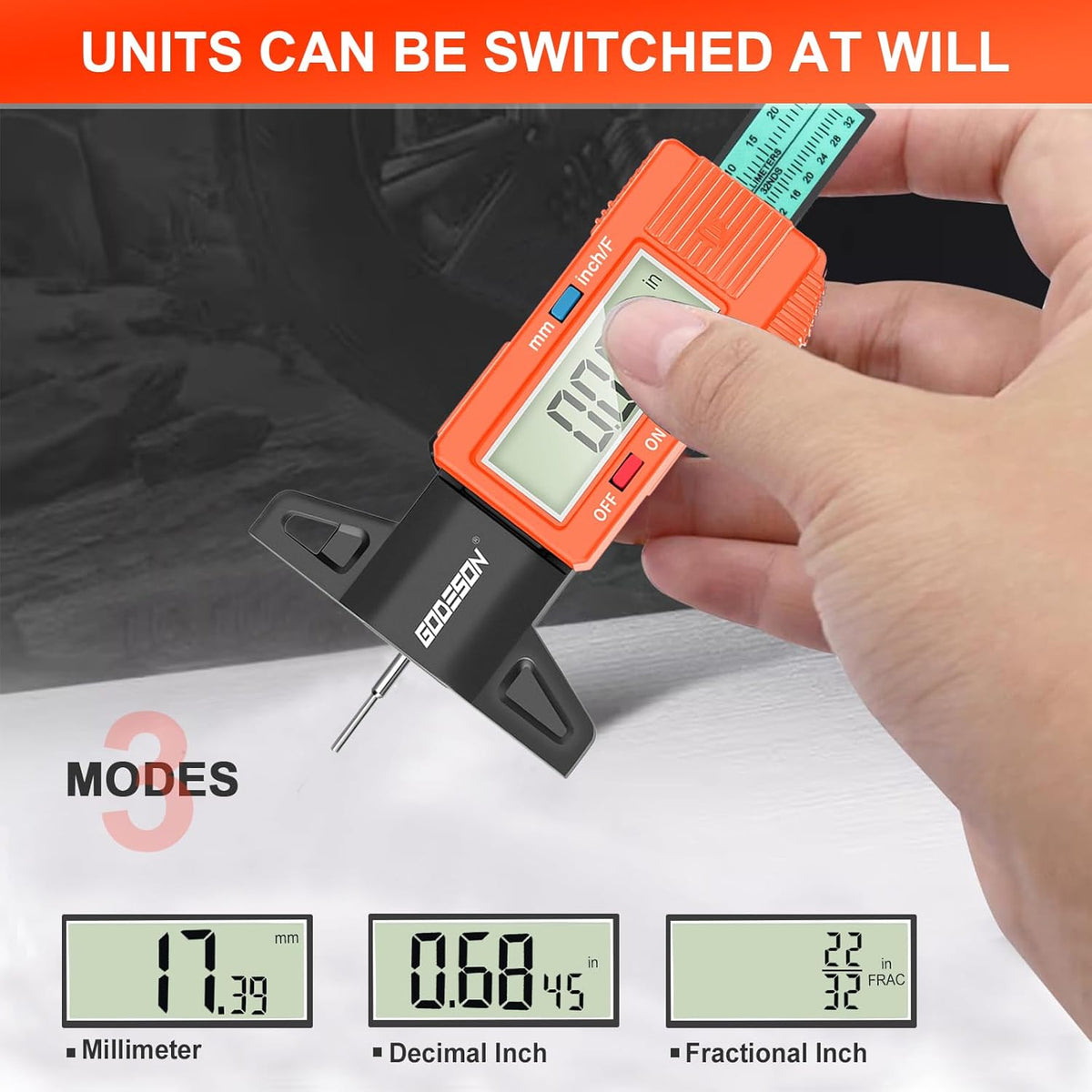 GODESON Tire Tread Depth Gauge, Digital Tire Tread Depth Gauge with 3 Modes-Fractional Inch, Decimal Inch and Millimeter, Tire Depth Gauge for Motorcycles, Cars, SUV, Easy to Read Tread Depth Gauge