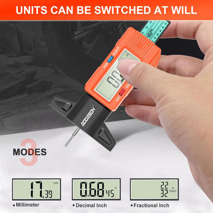 GODESON Tire Tread Depth Gauge, Digital Tire Tread Depth Gauge with 3 Modes-Fractional Inch, Decimal Inch and Millimeter, Tire Depth Gauge for Motorcycles, Cars, SUV, Easy to Read Tread Depth Gauge