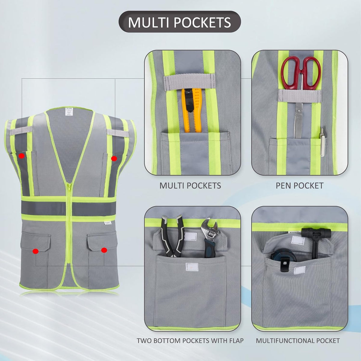 High Visibility Reflective Safety Vest with Zipper and Pockets Orange,M