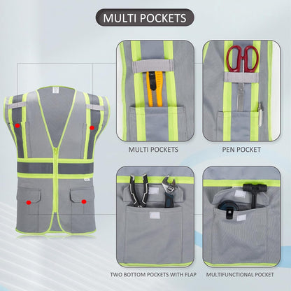High Visibility Reflective Safety Vest with Zipper and Pockets Orange,M