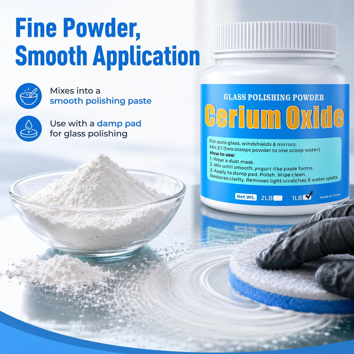 Cerium Oxide Glass Polishing Powder (1 lb) – 99% Pure White 1 Micron Glass Polish Compound for Windshield & Car Window Scratch Repair, Removes Wiper Marks & Water Spots