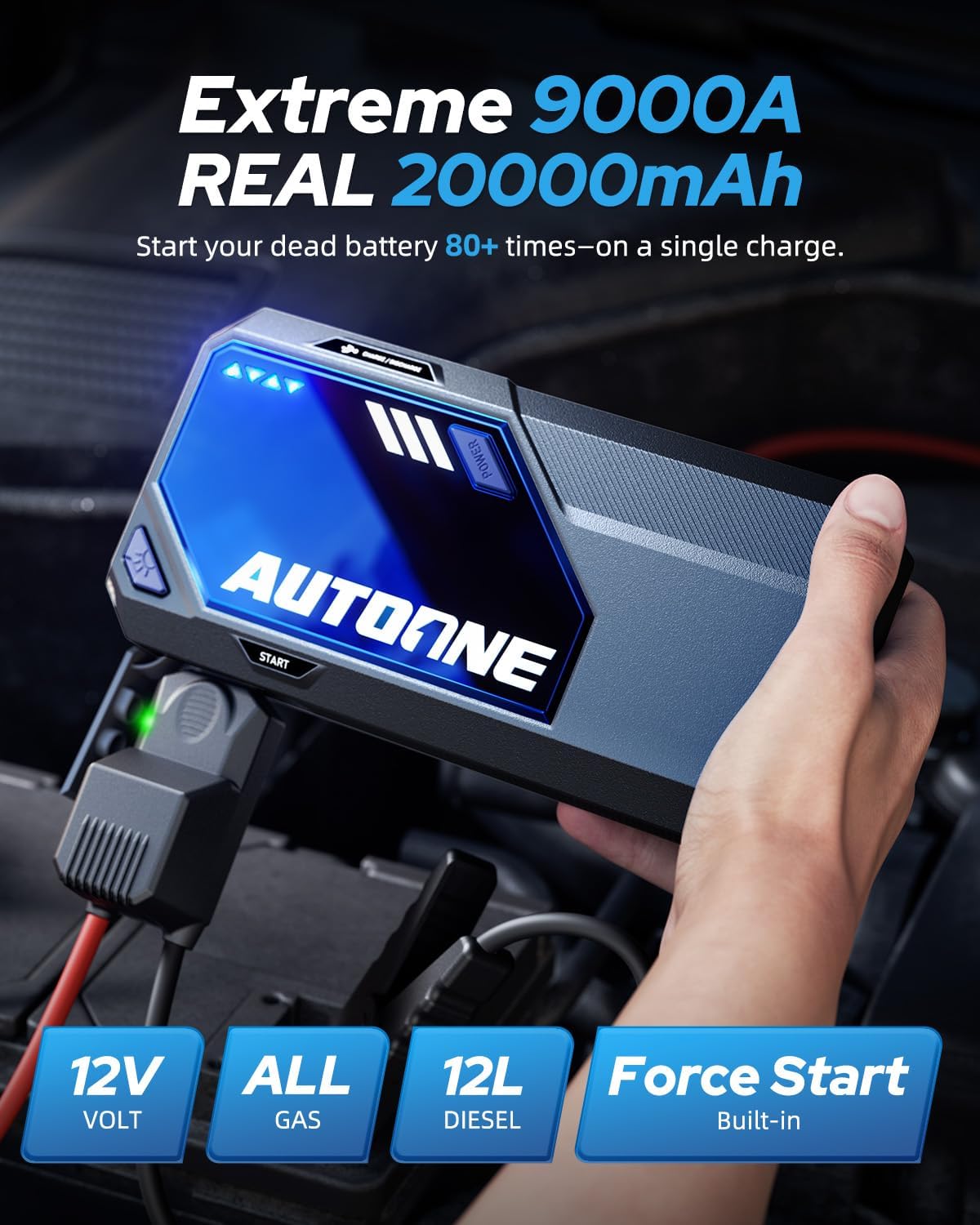 AUTOONE 6000A Car Battery Jump Starter Up to All Gas & 12L Diesel Engine, Car Battery Jumper Starter Portable 12V Jump Box with USB Output, Storage Case, LED Flashlight