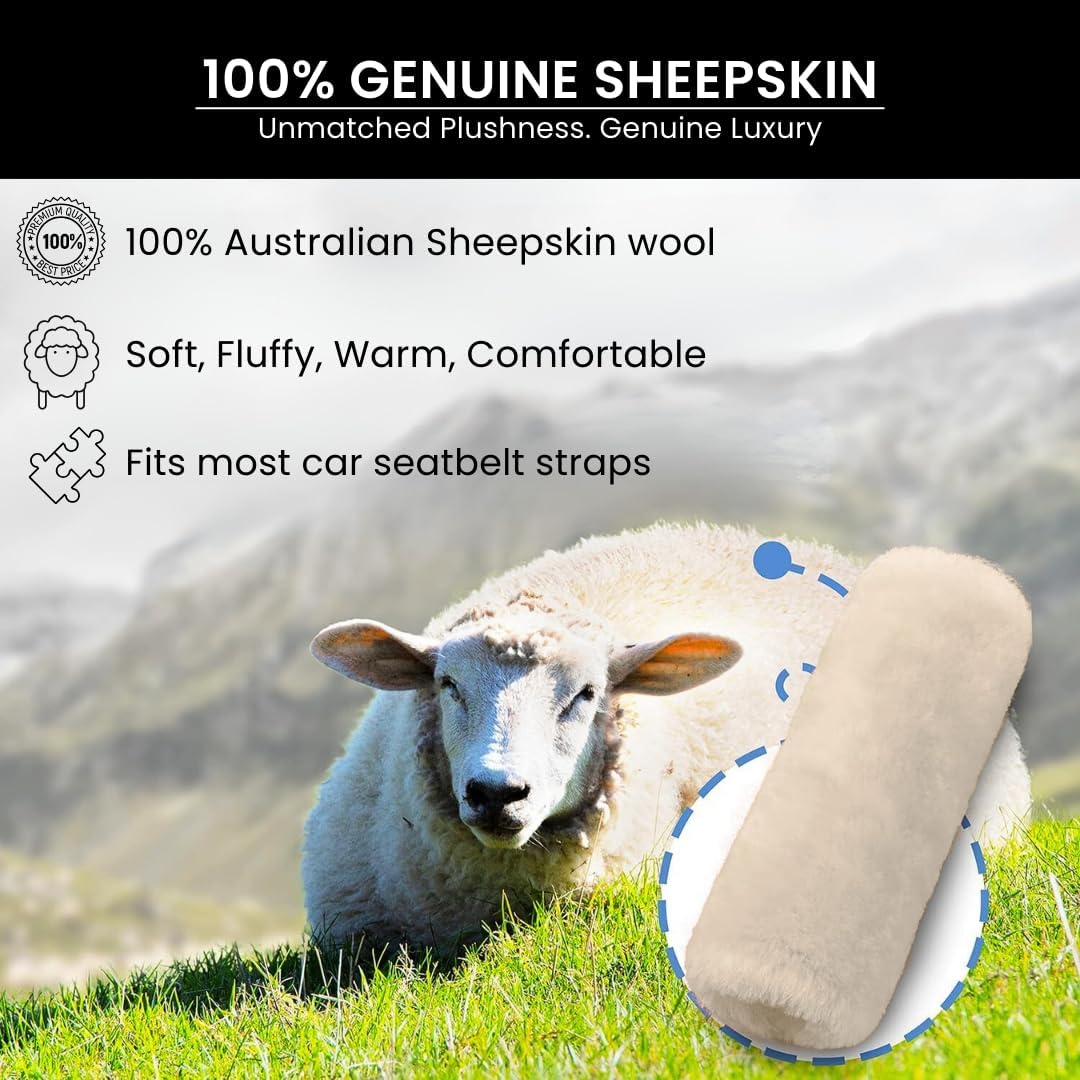 Andalus Brands 2 Pack Genuine Merino Wool Sheepskin Seat Belt Cover – Soft Shoulder Pad, Neck Cushion Protector – Authentic Car Accessories (Pearl)