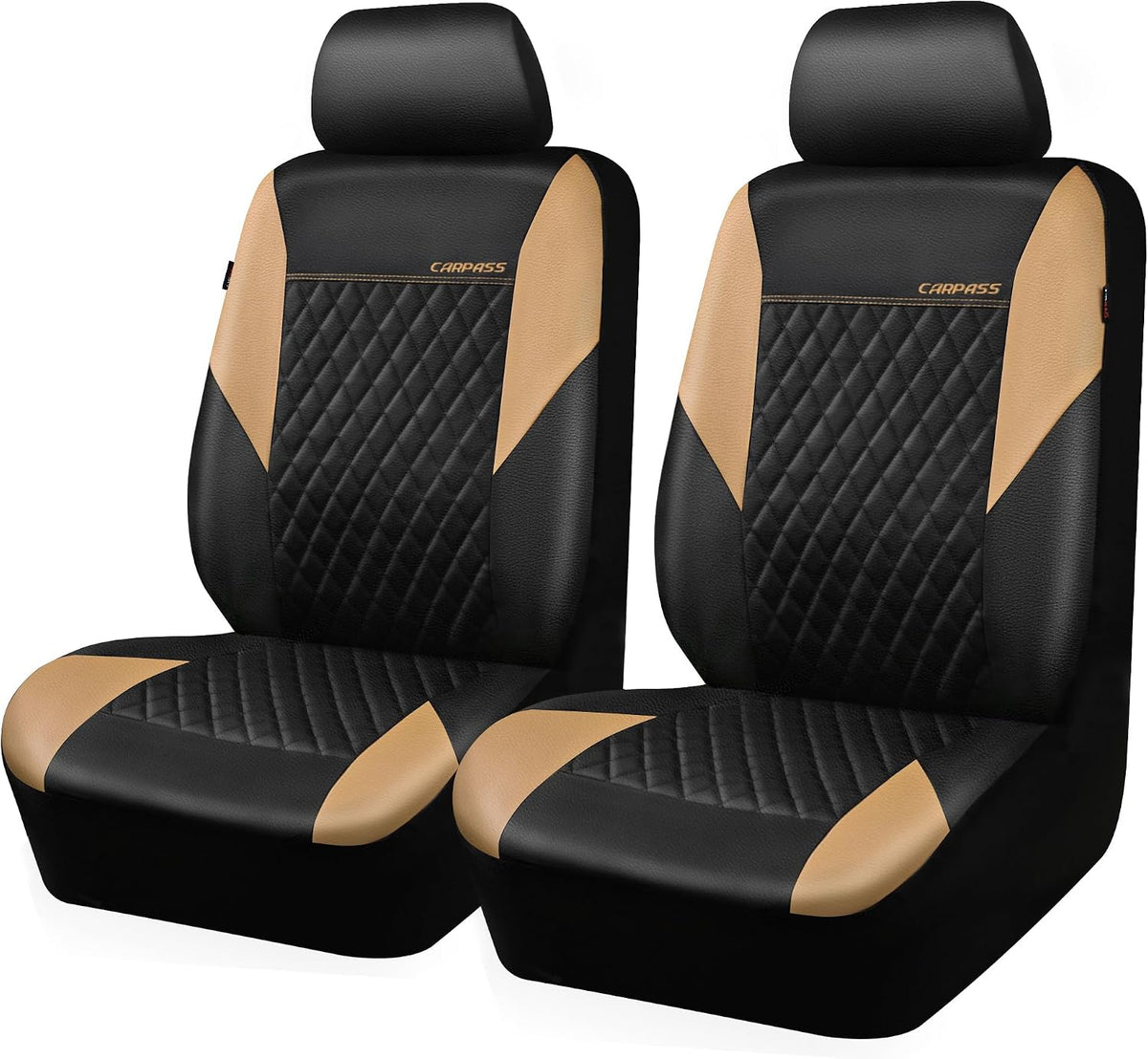CAR PASS Quilting Leather Seat Cover Two Front Seats Only, Universal Fit Automotive Front Seat Covers Waterproof Deluxe PU Premium Vinyl Luxury for Cars Sedan Van SUV Airbag Compatible 2 Pieces,Black