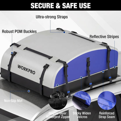 WORKPRO 21 Cubic Feet Rooftop Cargo Carrier Roof Bag, Waterproof Roof Rack Cargo Carrier for Vehicles with/Without Rack, Heavy Duty 840D PVC, Includes Anti-Slip Mat, 6 Door Hooks and Storage Bag