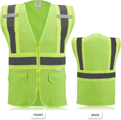 High Visibility Reflective Safety Vest with Zipper and Pockets Orange,M