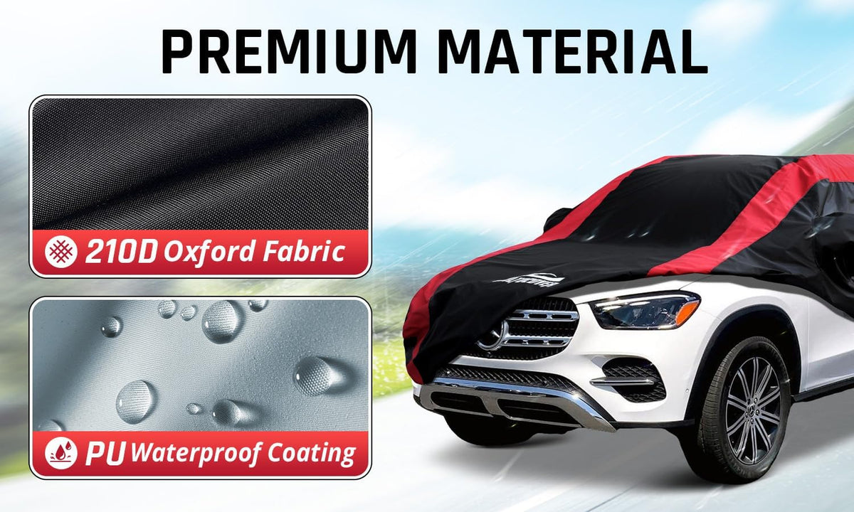 Car Cover Waterproof All Weather Protection with Red Stripe Design, Universal Fit Toyota Camry Solara, Ford Fusion, Kia Stinger Optima, Nissan Maxima, VW Passat, Subaru Legcy