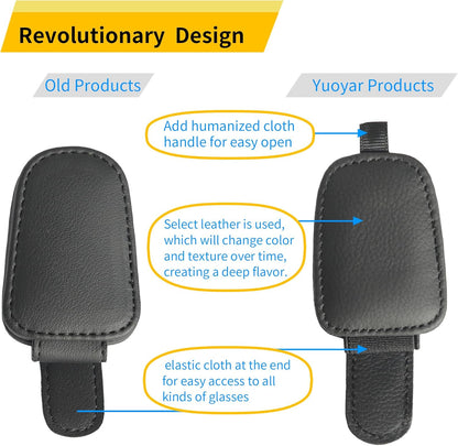 Yuoyar Magnetic Leather Sunglasses Holder for Car, 2 Packs (Black) | Magnetic Car Visor Accessories