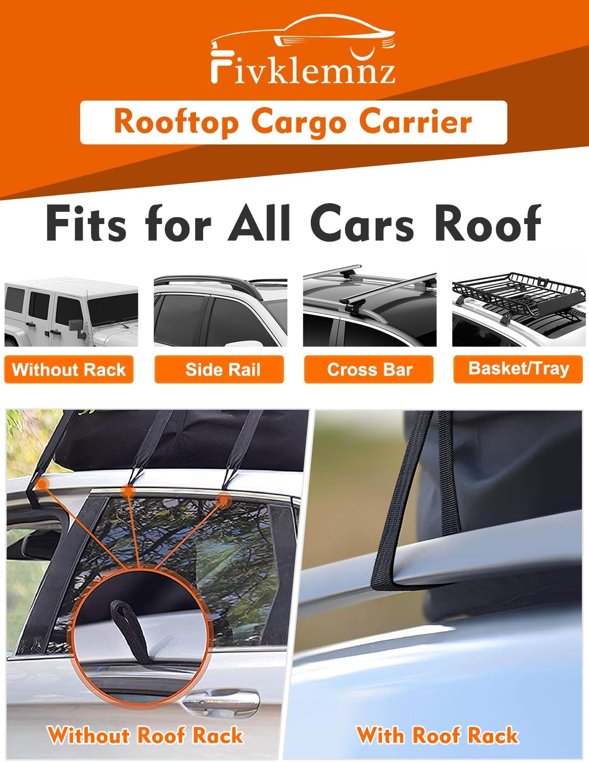 FIVKLEMNZ Car Rooftop Cargo Carrier Roof Bag Waterproof for All Top of Vehicle with/Without Rack Includes Topper Anti-Slip Mat + Reinforced Straps + 6 Door Hooks + Luggage Lock