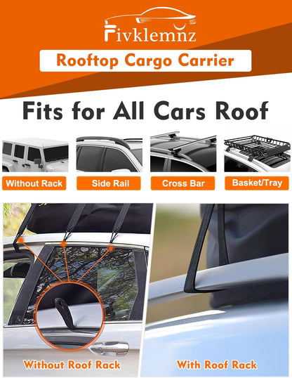 FIVKLEMNZ Car Rooftop Cargo Carrier Roof Bag Waterproof for All Top of Vehicle with/Without Rack Includes Topper Anti-Slip Mat + Reinforced Straps + 6 Door Hooks + Luggage Lock