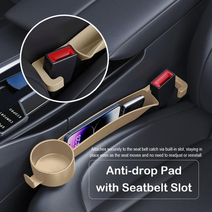 Car Seat Gap Plug with Storage Slot, Auto Gap Filler Organizer with Cup Holder, Universal Carseat Side Gap Filler Strip 2 Pack Between Front Seats & Console, Anti-Drop Pad with Seatbelt Holes, Black