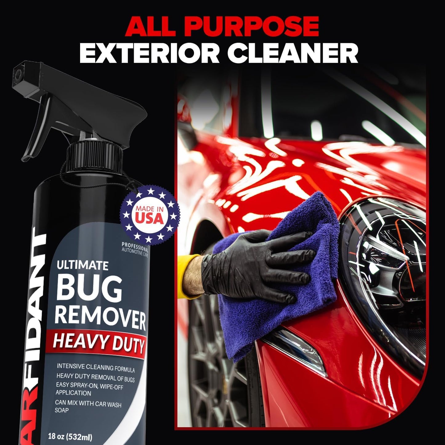 Carfidant Bug and Tar Remover for Cars Exterior with Ceramic Coating - Easily and Safely Clean Bug Splatter, Bird Poop from Paint, Plastic, Rubber, Metal, Chrome, Glass - Pre Wash for Car Detailing