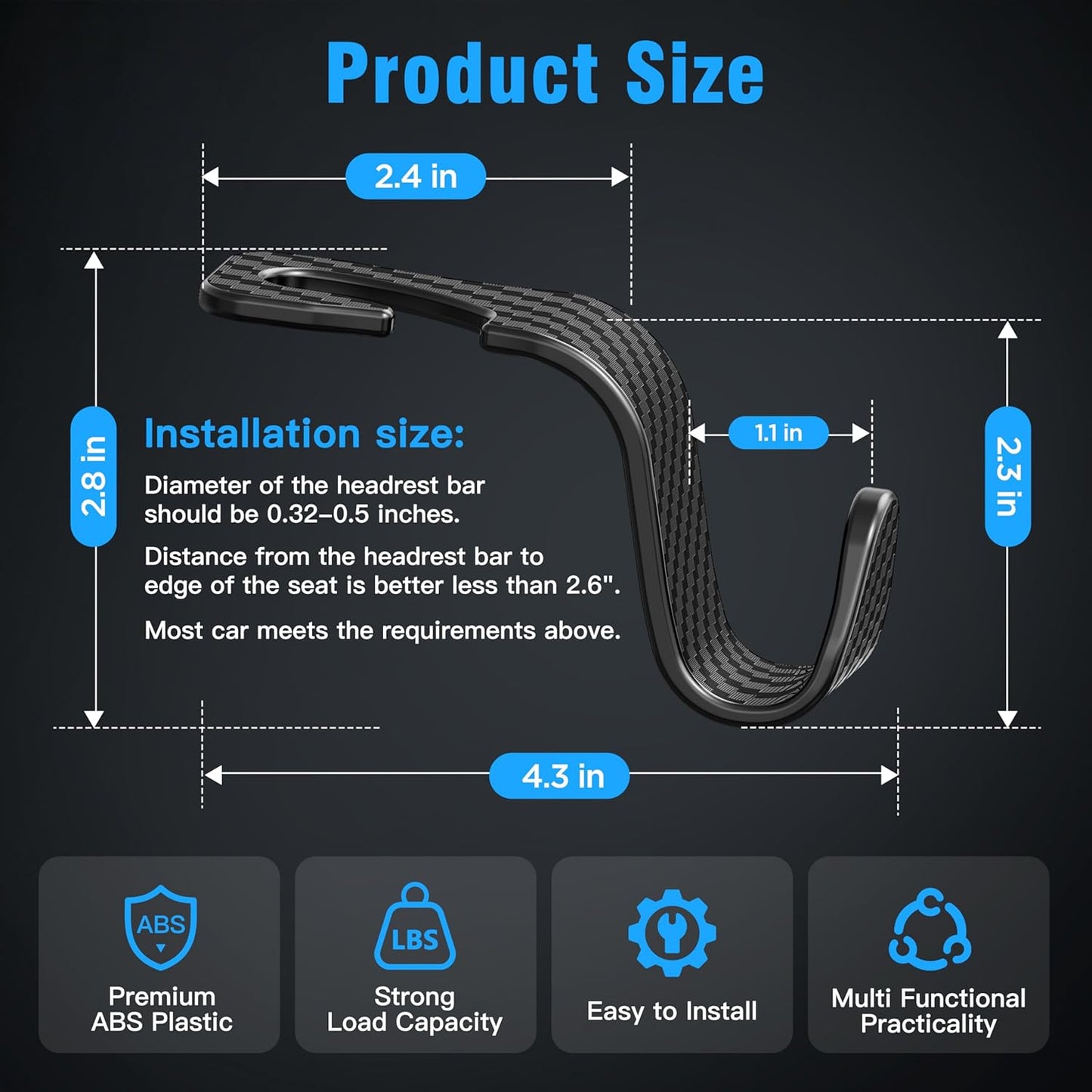 Amooca 4-Pack Car Headrest Hooks Vehicle Storage Organizer for Purses Handbags Groceries Backpack Coats –Holds 55lbs 360° Rotating Black
