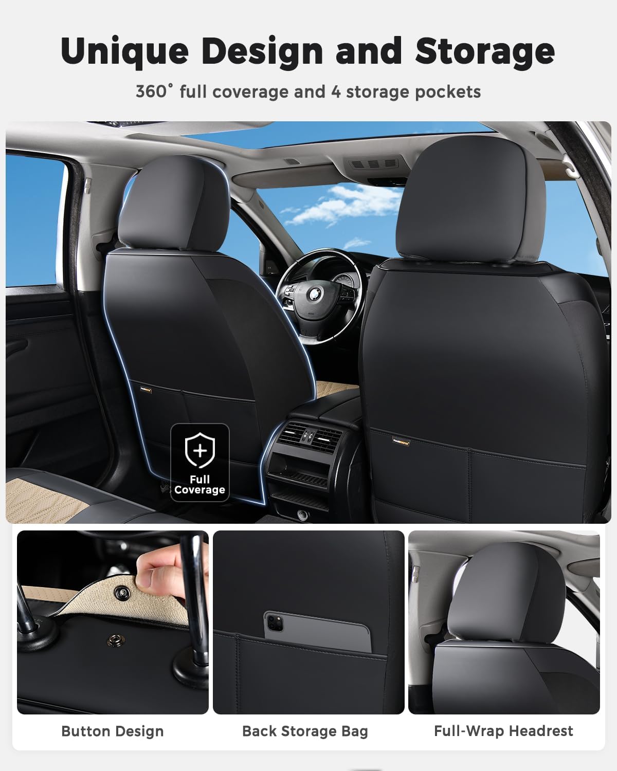 Huidasource Coffee Seat Covers Full Set, Universal Fit for Most Cars Trucks SUV, Full Coverage Leather Seat Cover, Airbag, Cupholder Compatible, Velcro Adjustable, Heaating/Cooling Function Retain