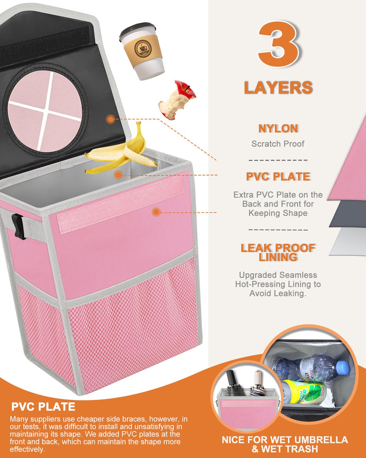 Pritent Car Trash Can with Lid, Cute Leakproof Car Trash Garbage Bag Hanging Vehicle Trash Bin Small Portable Automotive Garbage Cans Organizer for Back/Front Seat/Console(Trapezoid,Black)