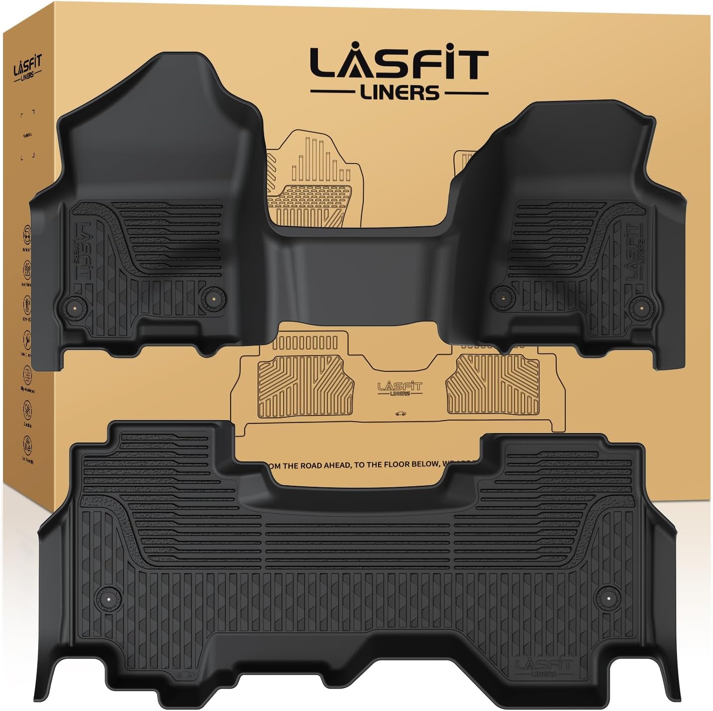LASFIT Floor Mats for 2019-2025 2026 Ram 2500/3500 Crew Cab Bucket Seat for Carpet & Vinyl Floor (NOT fit Model with PTO Kit), All Weather TPE Custom Fit Car Mats Floor Liners 1st & 2nd Row, Black