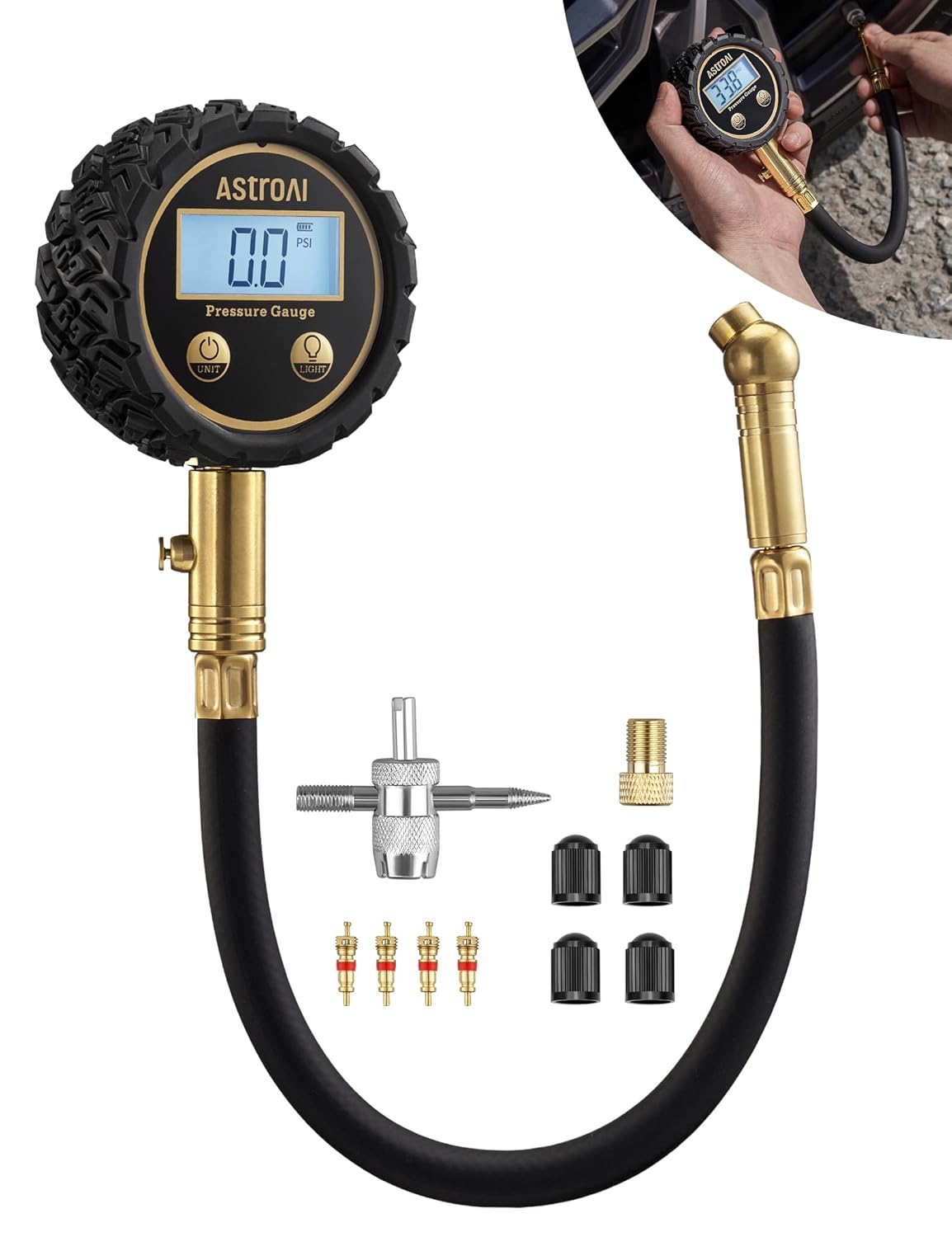 AstroAI Tire Pressure Gauge for Cars with Large 2" Dial, Solid Brass with Rubber Hose, Air Bleeder Valve, ANSI B40.1, 0-60PSI
