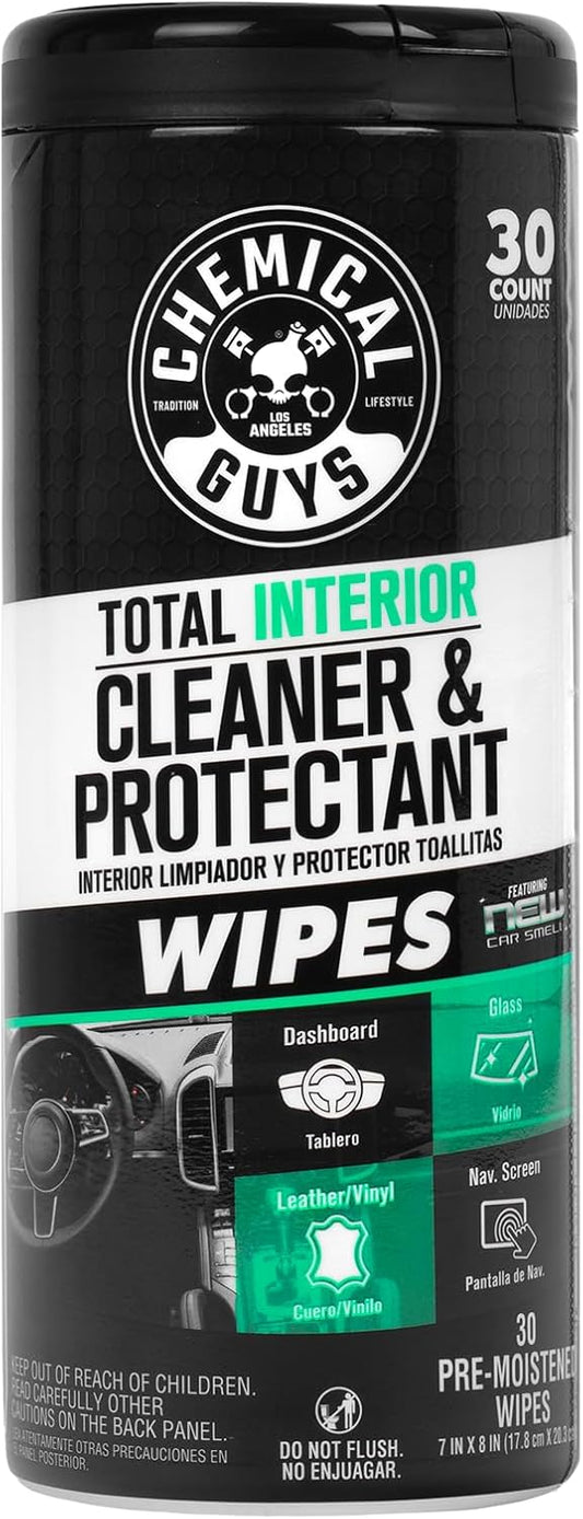 Chemical Guys Total Interior New Car Smell Cleaner & Protectant Wipes – All-in-One Interior Cleaning Wipes for Dashboards, Vinyl, Leather, Fabric & Glass – Cleans & Protects, New Car Scent, 30 Ct