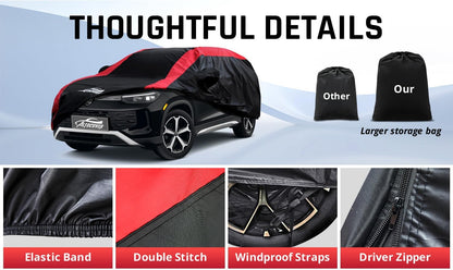 Car Cover Waterproof All Weather Protection with Red Stripe Design, Universal Fit Toyota Camry Solara, Ford Fusion, Kia Stinger Optima, Nissan Maxima, VW Passat, Subaru Legcy
