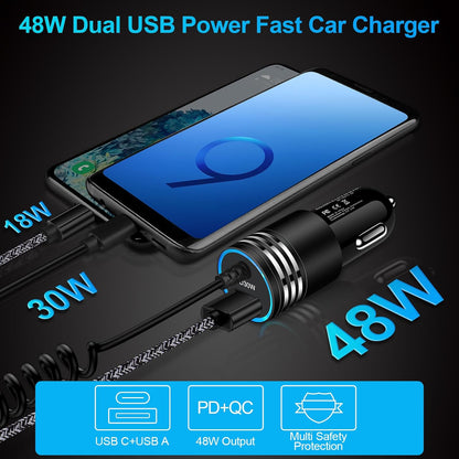 48W Super Fast Car Charger USB C Rapid Android Car Adapter with 30W Built-in Type C Fast Charging Cable for Samsung Galaxy S26 S25 S24 S23 Ultra S22 S21 S20 FE A16 A15 A14 A54 A53 A23 A13 Z Flip 7 6