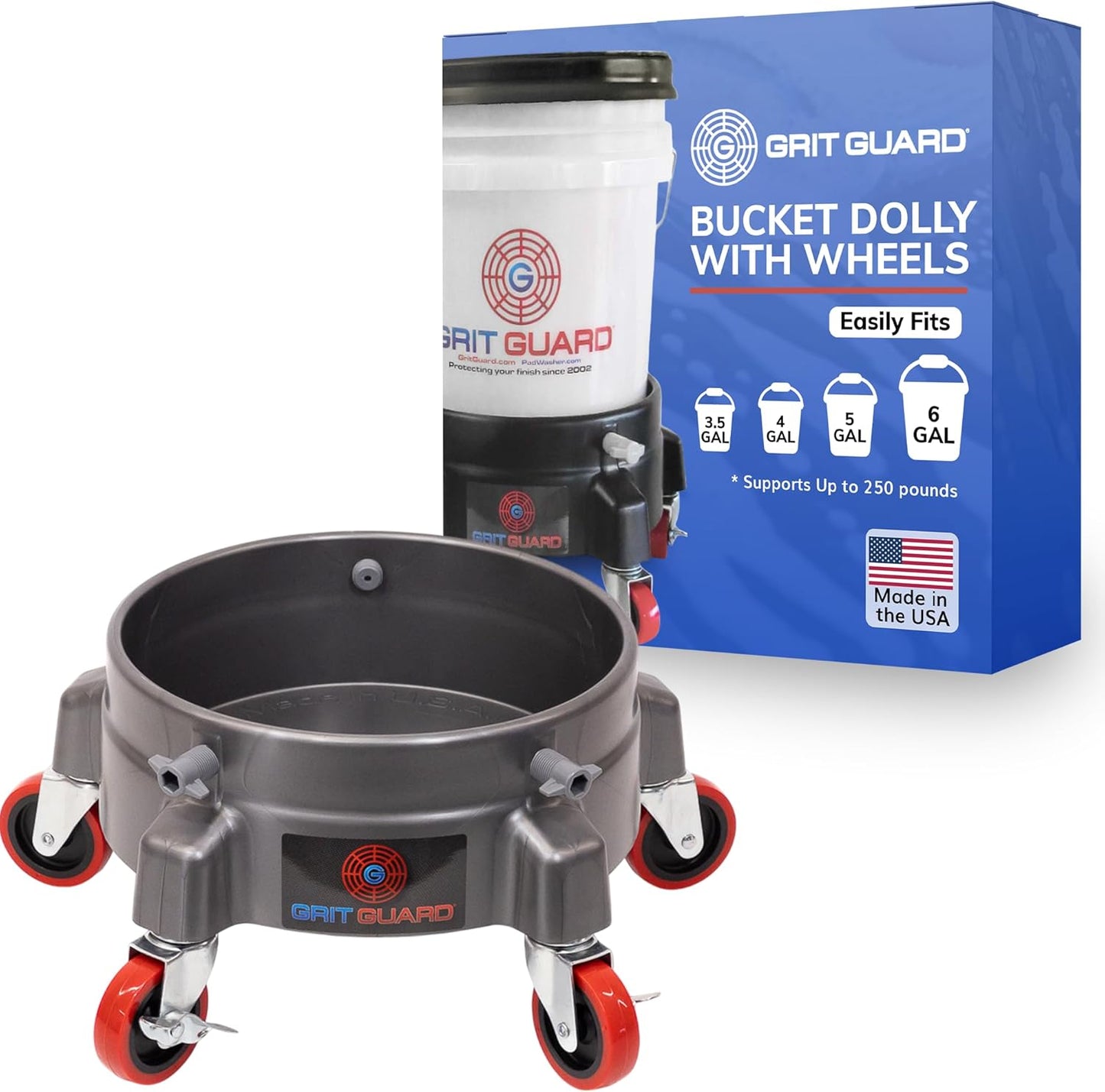 GRIT GUARD Bucket Dolly with Wheels - Rolling Detailing Wash Bucket with 5 Wheels and 2 Locking Casters Compatible with 2.5, 4, 5 and 6 Gallon Buckets (Black, 2" Red Casters) - Made in the USA