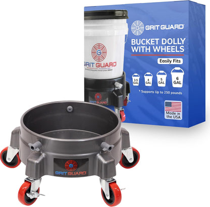 GRIT GUARD Bucket Dolly with Wheels - Rolling Detailing Wash Bucket with 5 Wheels and 2 Locking Casters Compatible with 2.5, 4, 5 and 6 Gallon Buckets (Black, 2" Red Casters) - Made in the USA