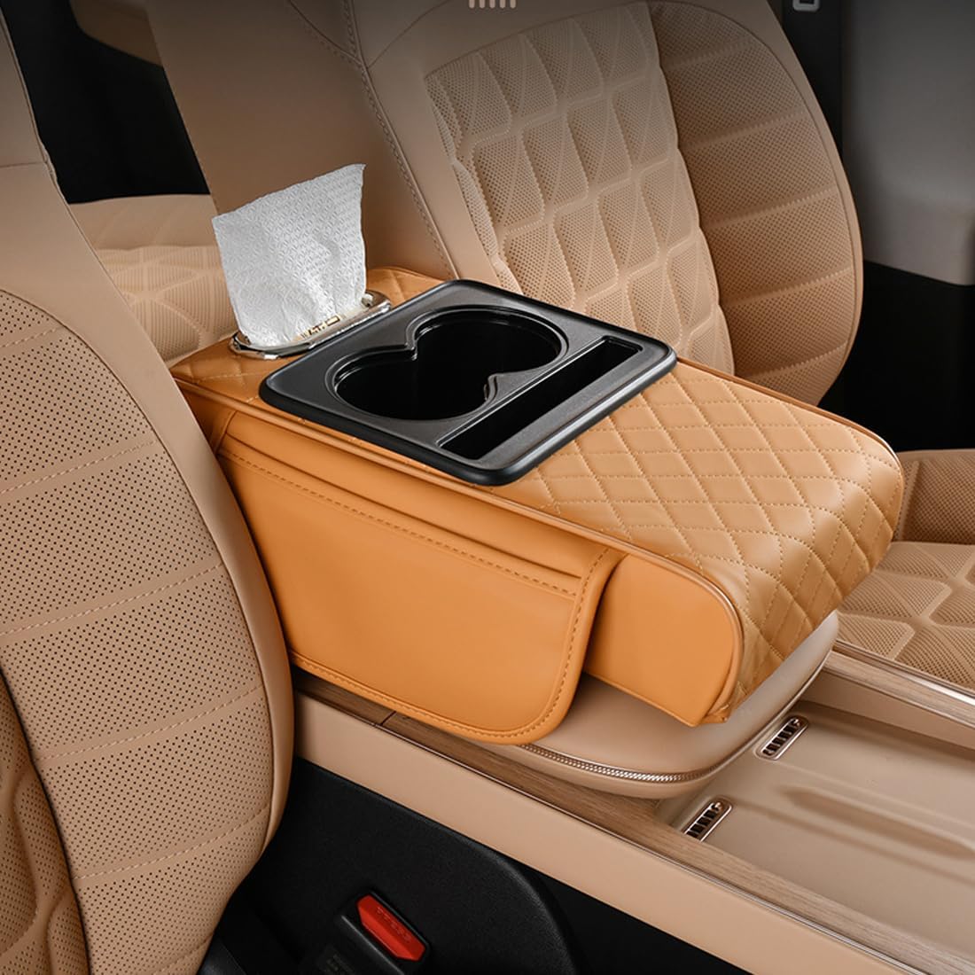 Car Armrest Cushion,5-in-1 Center Console Cover with 2 Storage Bags Cup Holder, Tissue Box Slot, Phone Slot for Sedans, Car Accessories Interior Organizers (Black)