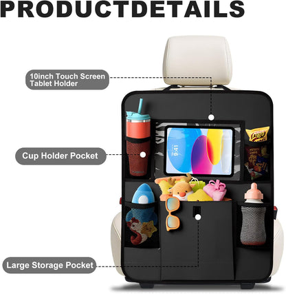 Car Backseat Organizer with Tablet Holder, 6 Storage Pockets Seat Back Protectors Kick Mats for Kids, Car Seat Protector for Road Trips 2 Pack (Black)