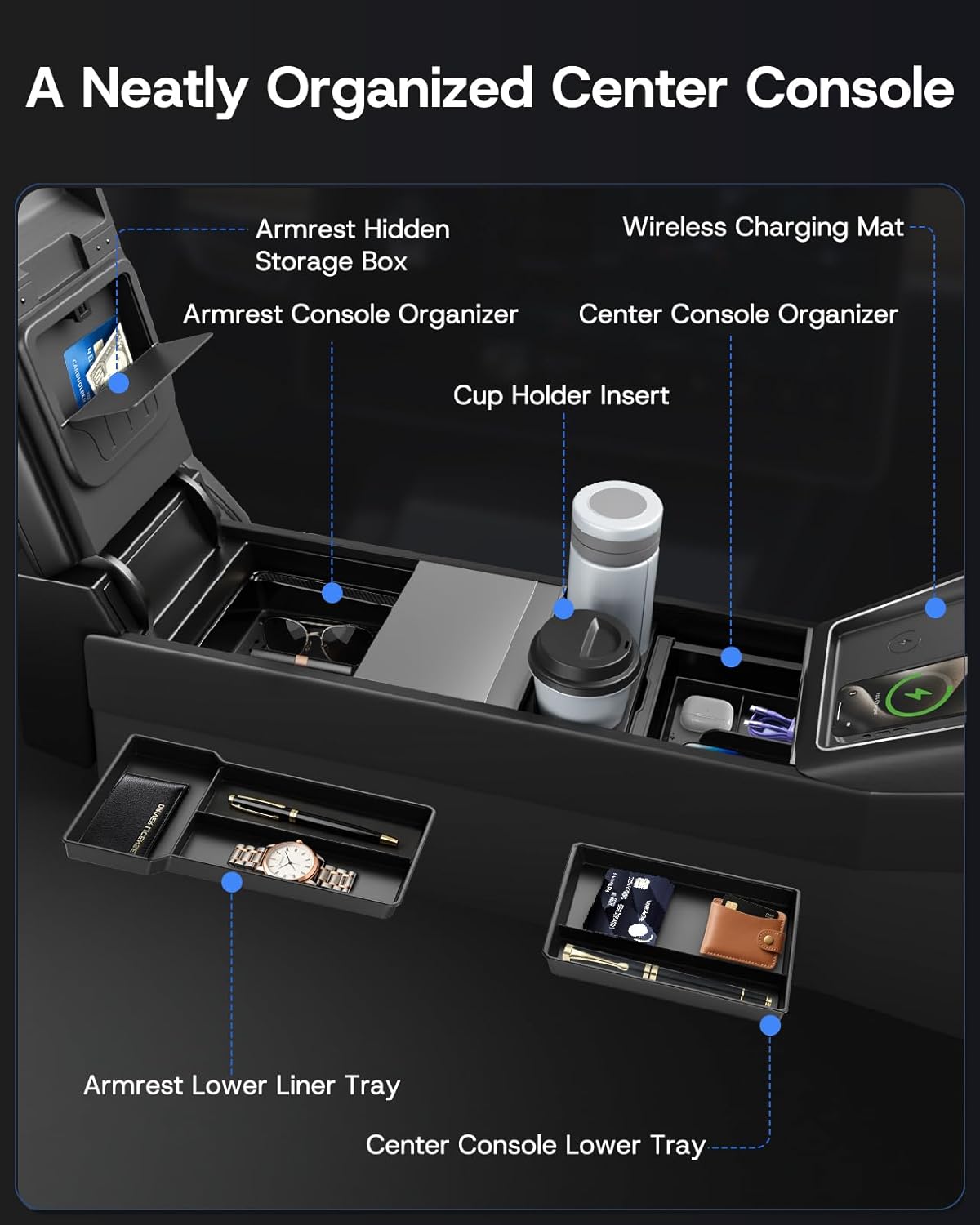Center Console Organizer Tray for Tesla Model Y Juniper 2026 2025 (Premium & Performance), 8PCS - PC Material & Silent Silicone Armrest Storage Box Bottom Liners Wireless Charging Pad Cup Holder
