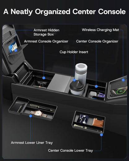 Center Console Organizer Tray for Tesla Model Y Juniper 2026 2025 (Premium & Performance), 8PCS - PC Material & Silent Silicone Armrest Storage Box Bottom Liners Wireless Charging Pad Cup Holder