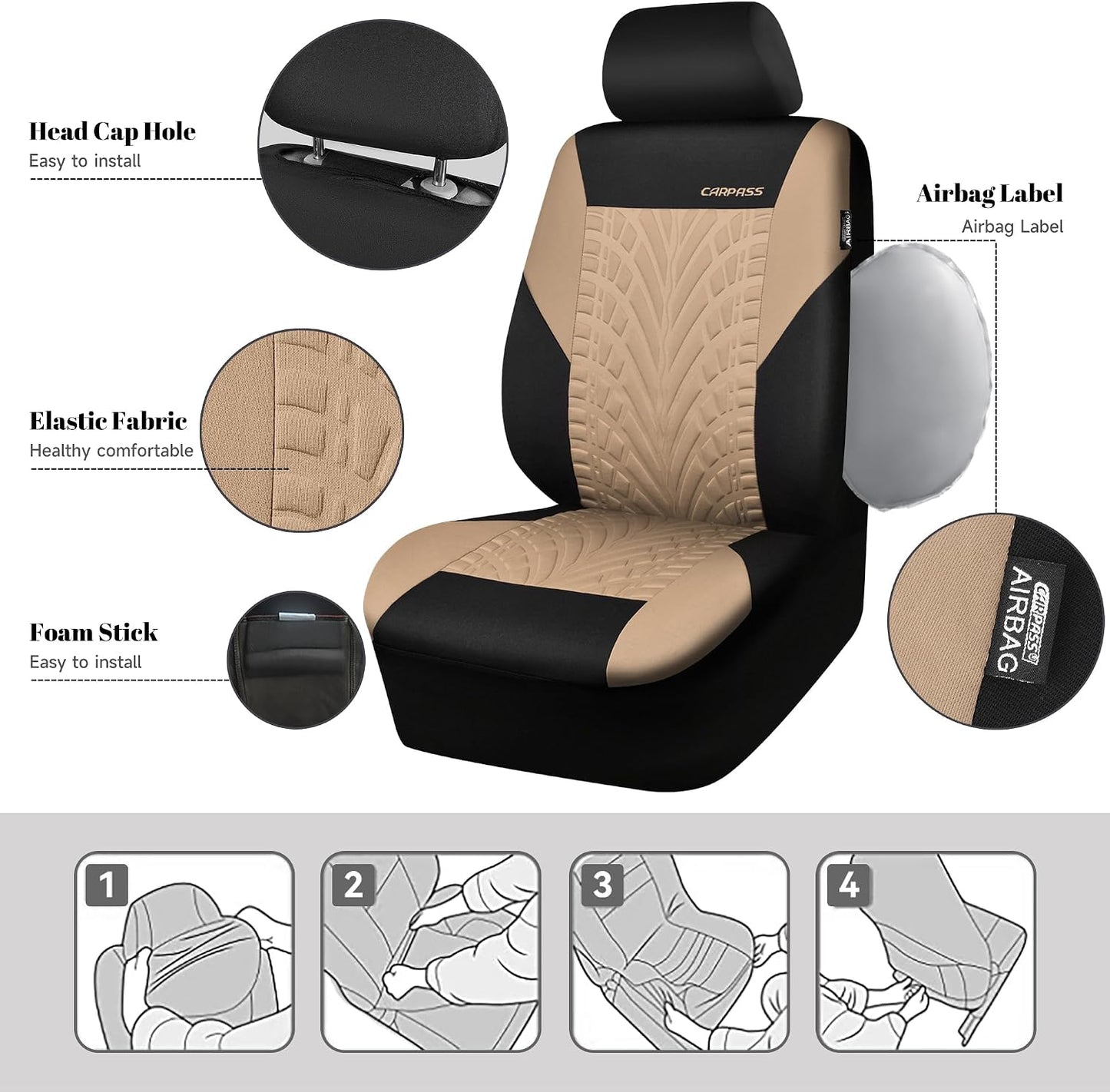 CAR PASS Car Seat Covers Full Sets, Front & Split Rear Bench for Car, 3D Tyre Embossed Automotive Interior Covers, Airbag Compatible, Quick Setup Universal Fit Seat Covers for Car, SUV(Charcoal)