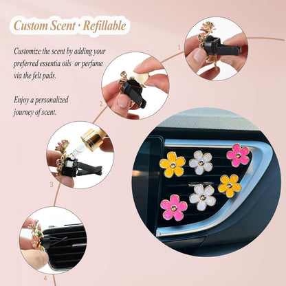 ORIESSE 6pcs Flowers Car Air Freshener Vent Clips Purple White Daisy Air Vent Clip Car Accessories for Women 3.3cm/3cm Flower Vehicle Interior Decor Refillable Diffuser