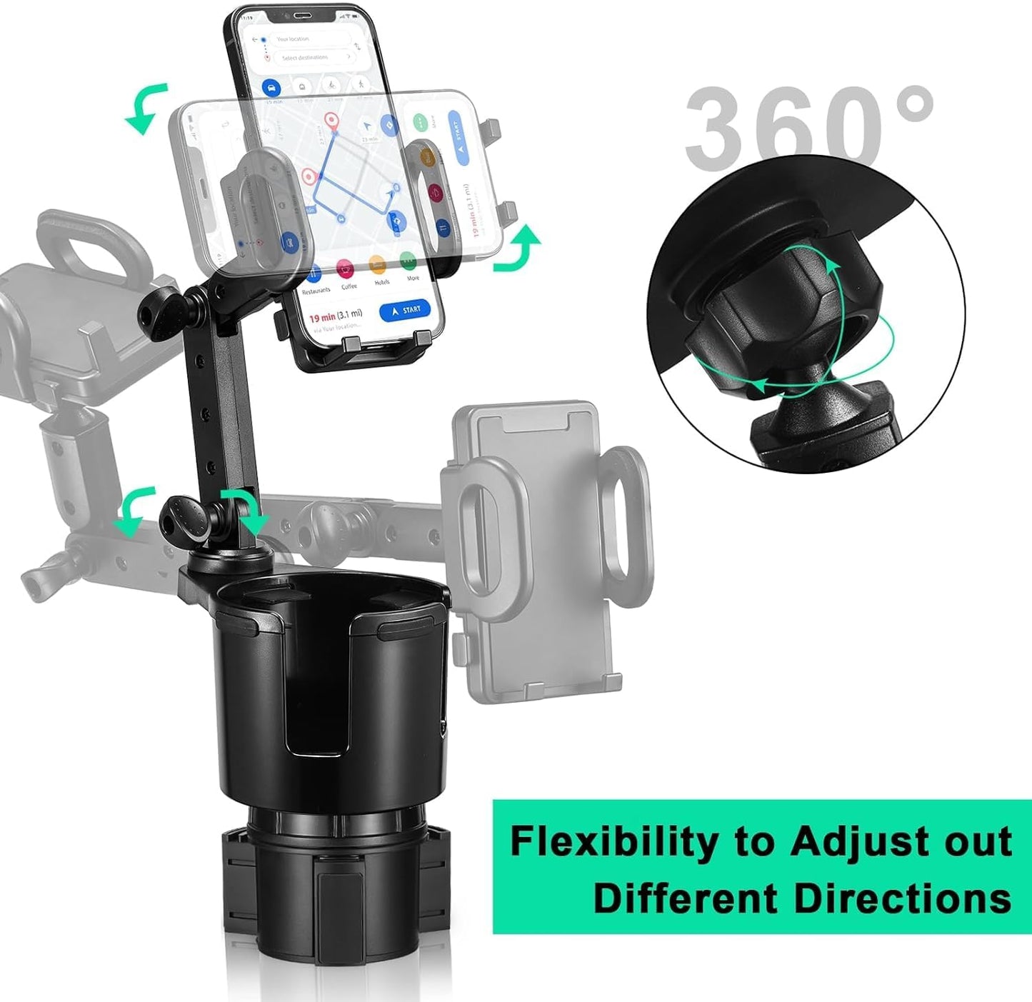 This Hill Car Cup Holder Expander 2-in-1 with Adjustable Base & 360° Rotating Phone Mount, Compatible with iPhone 17 Pro Max and Smartphones up to 4.13", Fits Large Bottles up to 3.78"