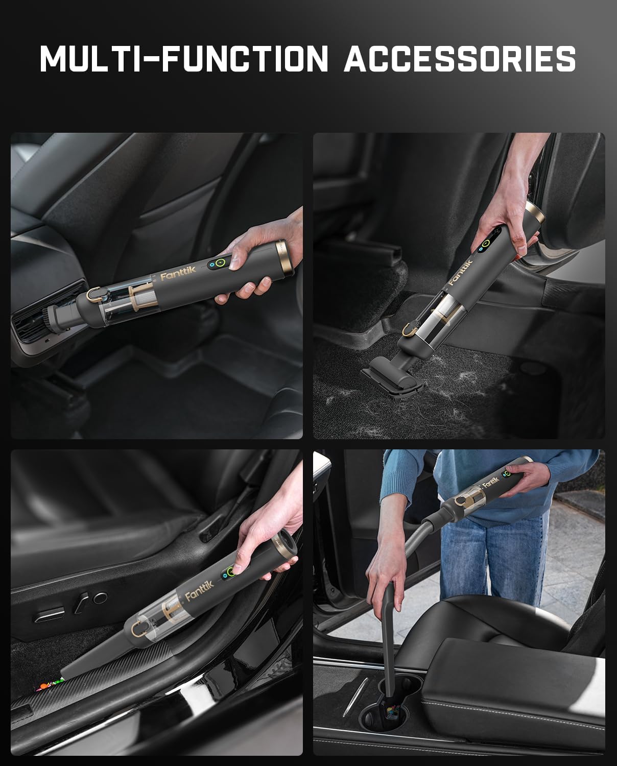 Fanttik Slim V10 APEX Cordless Car Vacuum, 4-in-1 Portable Mini Handheld Vac, 19kPa Suction Power, Upgraded Smart Digital Display, 2 Suction Modes for Small Jobs, Car, Office Desk, Keyboards (Black)