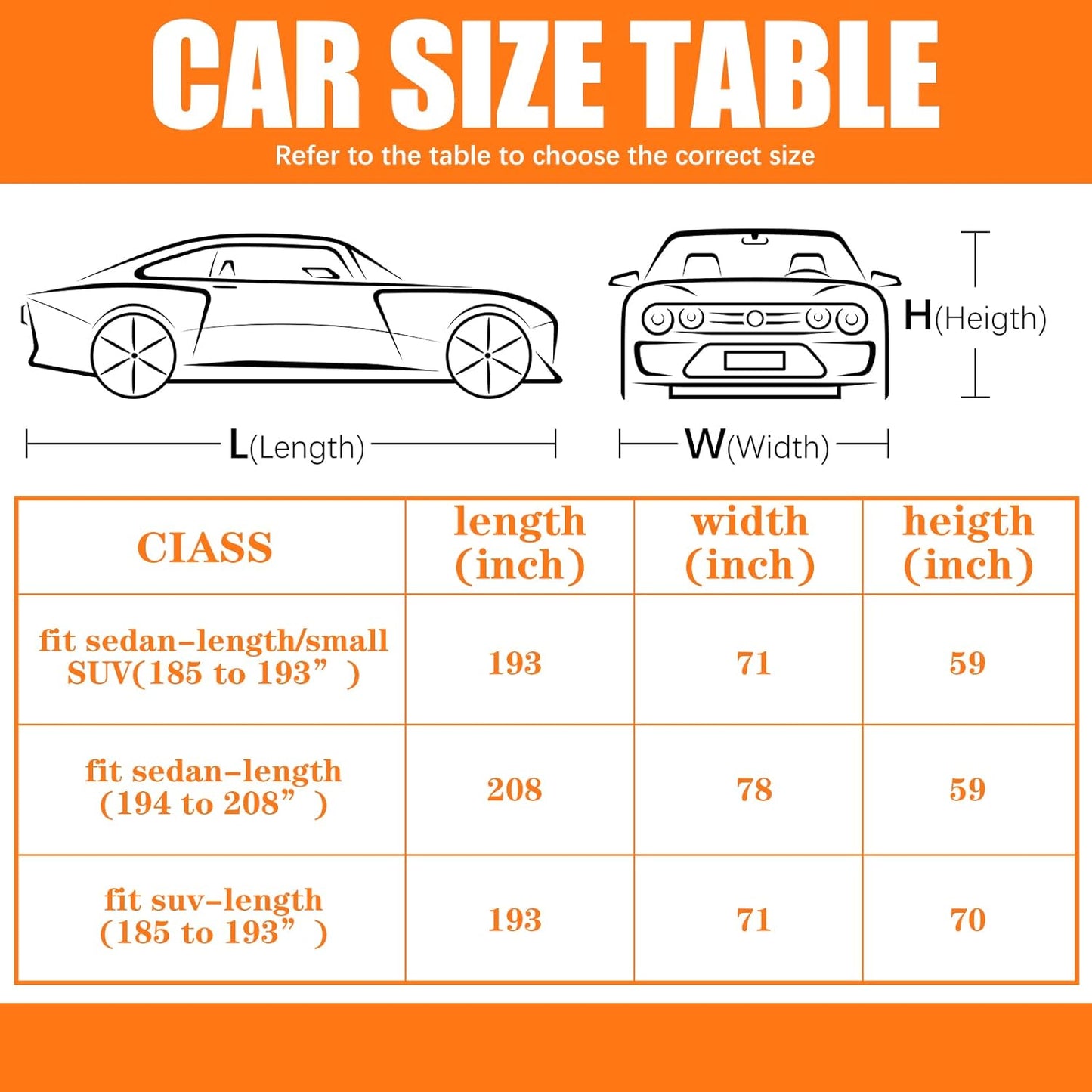 Riakrum Full Car Cover Waterproof All Weather for Automobiles Windproof Cover Rain UV Protection Sun Scratch Resistant Outdoor Universal(Fit Sedan Length (185-193'') 70'' H,Black, Orange)