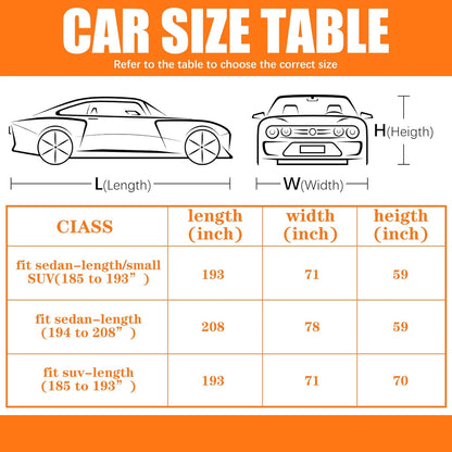 Riakrum Full Car Cover Waterproof All Weather for Automobiles Windproof Cover Rain UV Protection Sun Scratch Resistant Outdoor Universal(Fit Sedan Length (185-193'') 70'' H,Black, Orange)