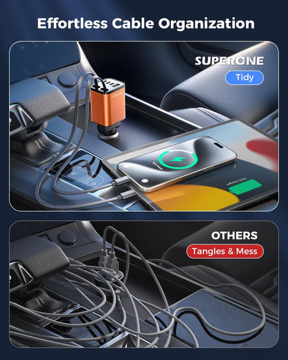 Retractable Car Charger, SUPERONE 99W Car Phone Charger with Cables Fast Charging, USB C Car Charger Adapter for iPhone 17 16 15 14 13 12, Samsung, Black