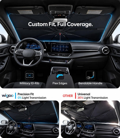 Wigoo Windshield Sun Shade Umbrella for Tesla Model Y [100% Sun Blockage, Ice Cooling Fabric] Foldable Heat Insulation Front Window Sunshade Umbrella for Tesla Model Y 2020–2026 (Juniper)