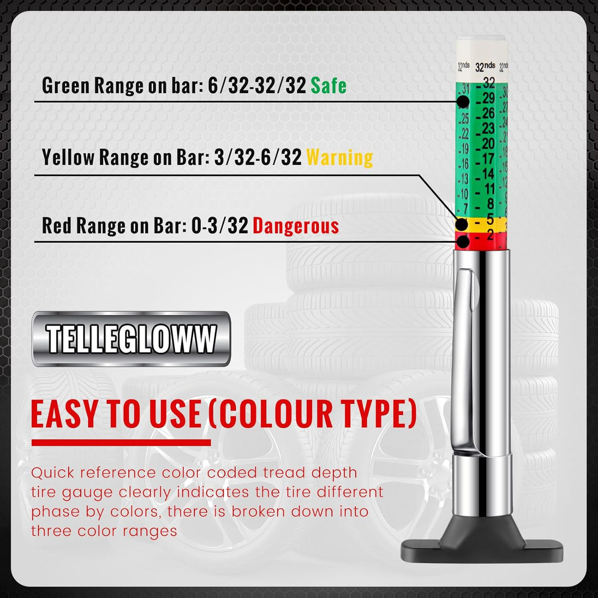 Tellegloww 50 Pcs Tire Tread Depth Gauge Color Coded Tyre Depth Gauge Tool Tread Accurate Measure Tools Metric Gauges for Car Trucks Various Vehicle (White and Green)