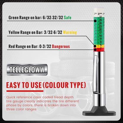 Tellegloww 50 Pcs Tire Tread Depth Gauge Color Coded Tyre Depth Gauge Tool Tread Accurate Measure Tools Metric Gauges for Car Trucks Various Vehicle (White and Green)