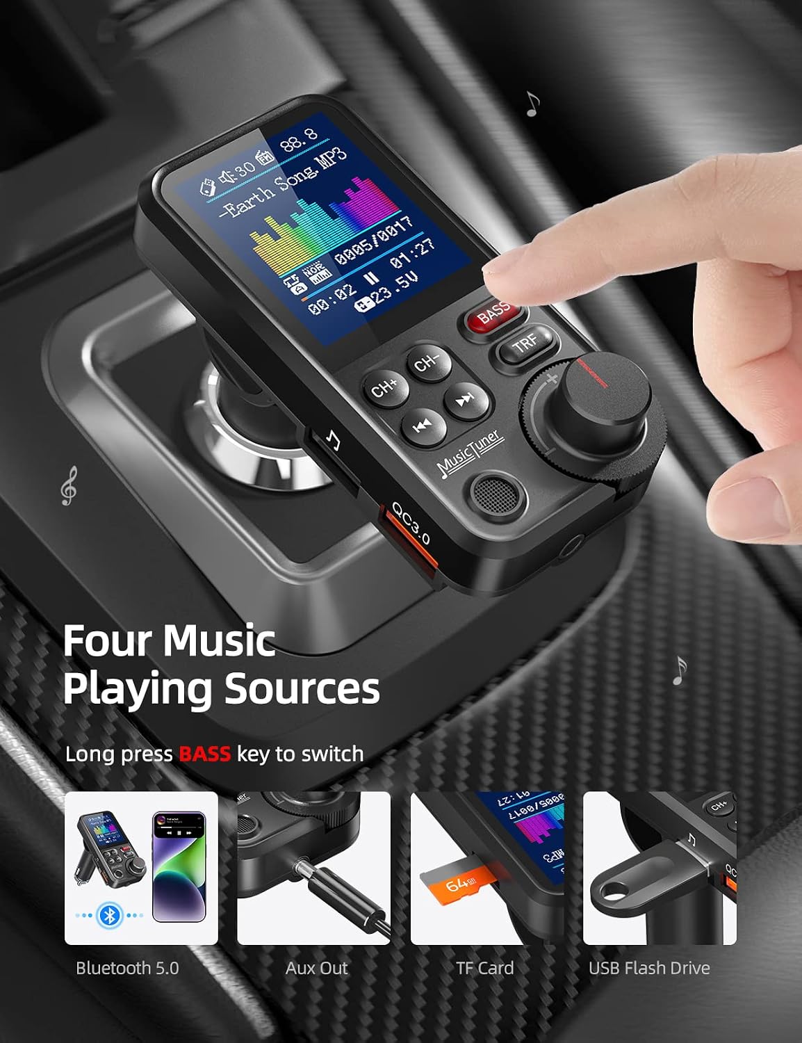 Nulaxy KM30 Bluetooth Car Adapter, FM Transmitter with 1.8" Color Screen, Hands-Free Calling Strong Mic, QC3.0 Fast Charging, Treble & Bass Sound Music Player, Wireless Radio Receiver, AUX TF USB