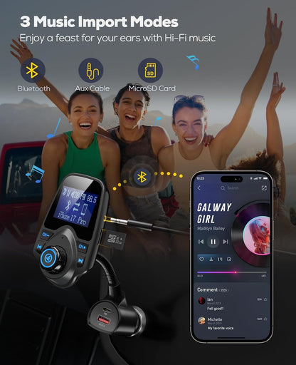 Nulaxy KM18 Plus Bluetooth 5.4 Car Adapter with 48W Fast Charging PD 30W & QC3.0 18W, 1.44" Screen Wireless Radio FM Transmitter with Flexible Gooseneck, Supports Hands-Free Call, TF Card & AUX, Black
