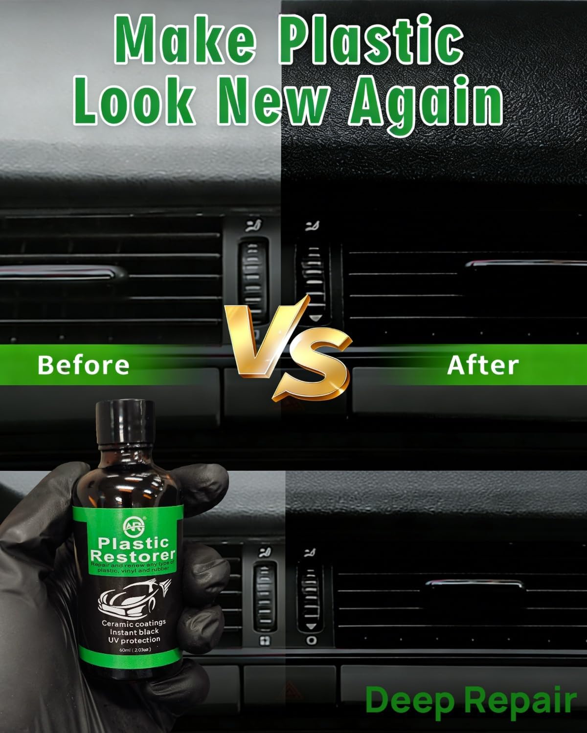 Plastic Restorer for Cars, 60ML Black Trim Restorer, Back to Black Plastic Restorer, High Concentration Ceramic Crystal Hydrophobic Coating Lasting Shine Up to 12 Months+ & UV Protection & Deep Repair