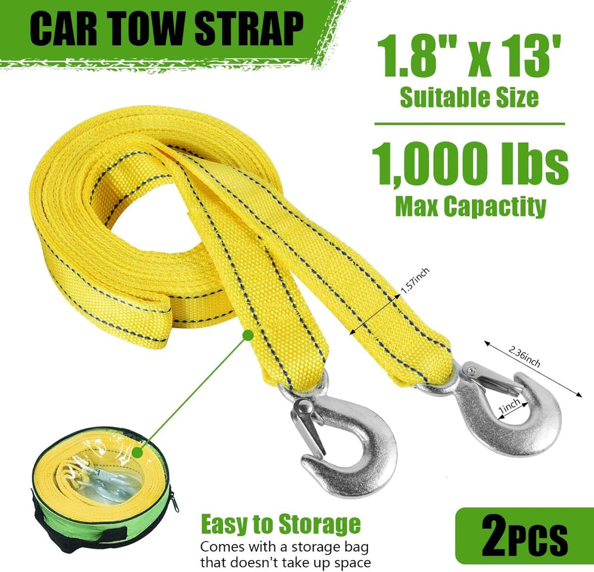 Tow Strap with Hooks Heavy Duty Car Vehicle Emergency Recovery Rope Boat Trailer Winch Strap 13'x1.8 Max 10,000lbs Capacity for Towing Vehicles Jet Ski ATV Pontoon Wave Runner Accessories