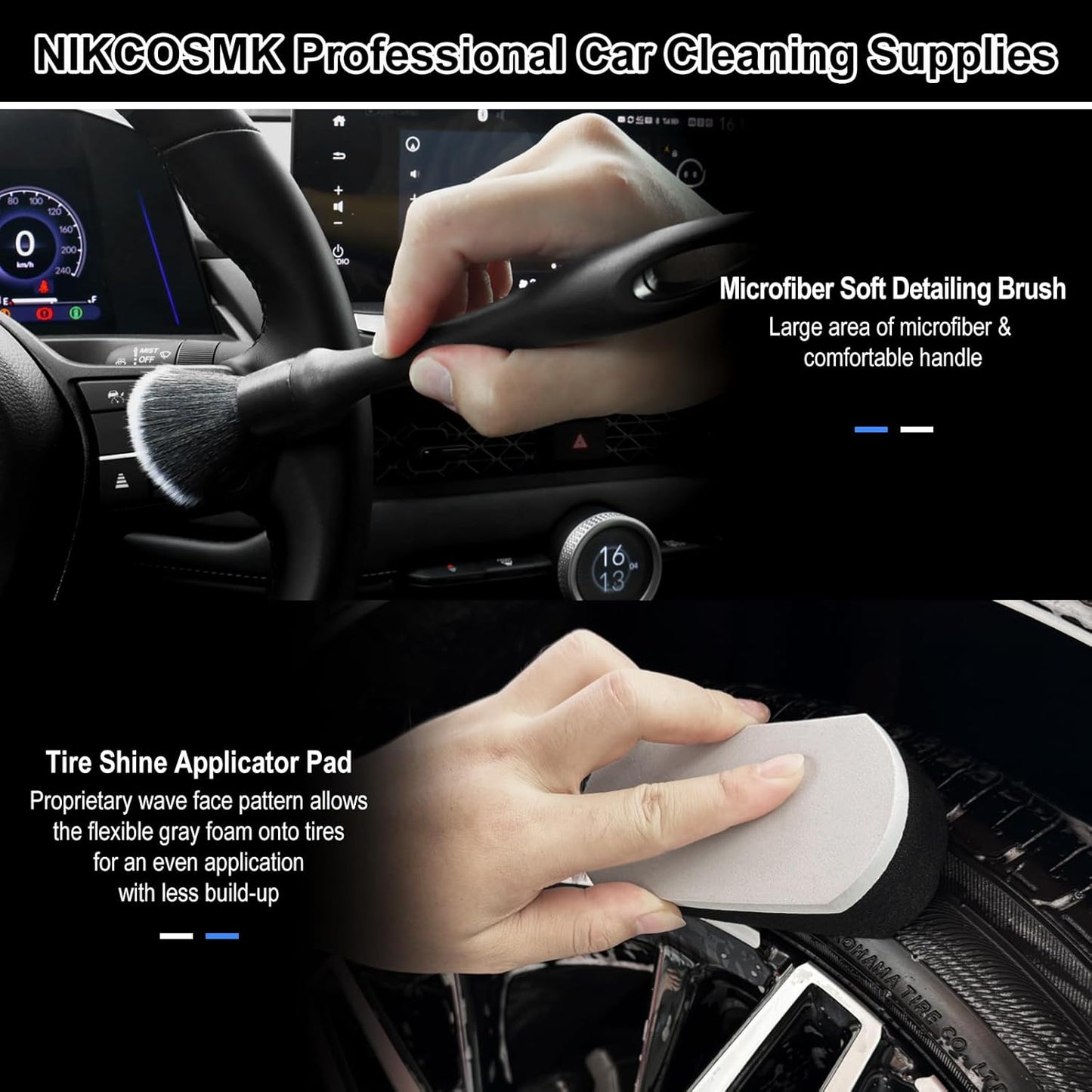 9Pcs Car Wheel & Tire Brush Kit, Wheel Cleaner Brush, Soft-bristled Rim Brush, Tire Shine Applicator Pad, Car Wash Mitt, Towel, Car Detailing Cleaning Wash Brush Supplies Kit